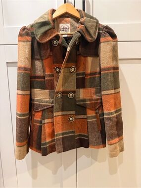 Hydraulic Orange, Green and Brown Plaid Double-Breasted Pea Coat